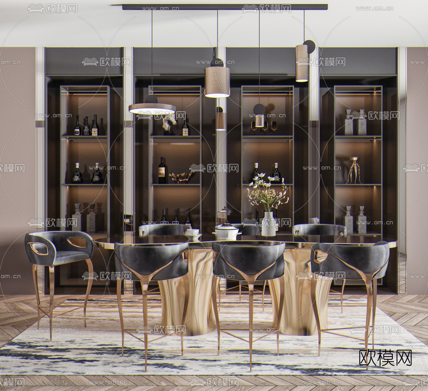 后现代弧形餐桌椅3d模型下载