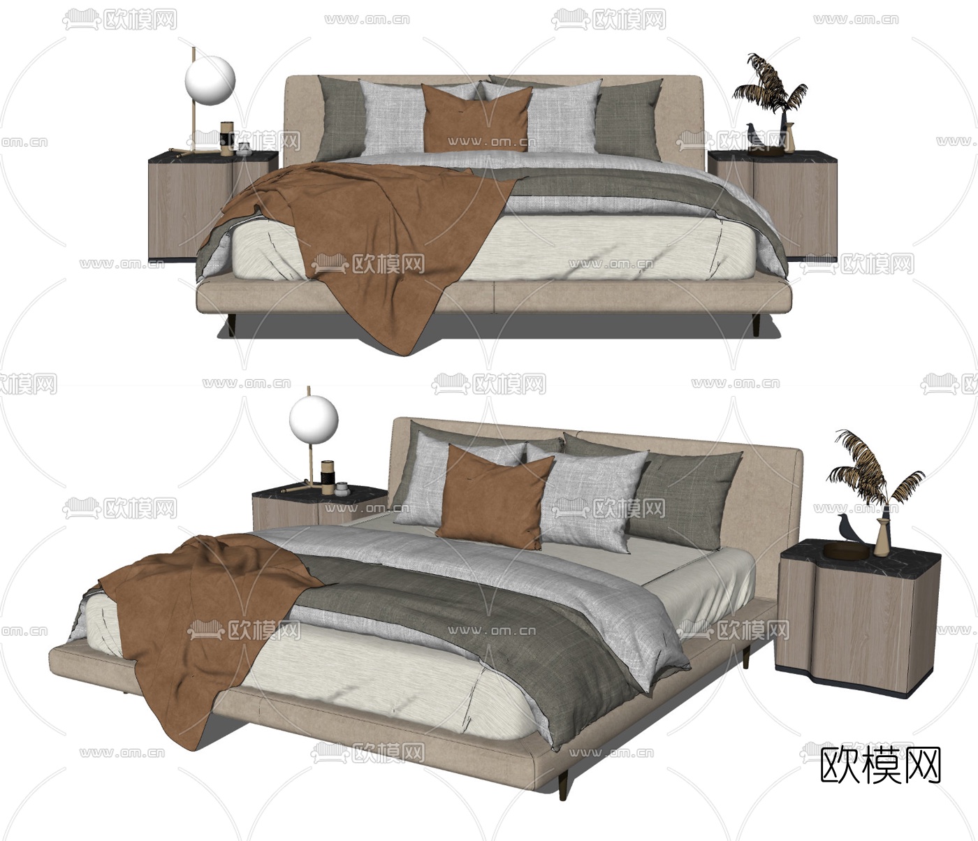 现代布艺双人床su模型下载（渲染图2）