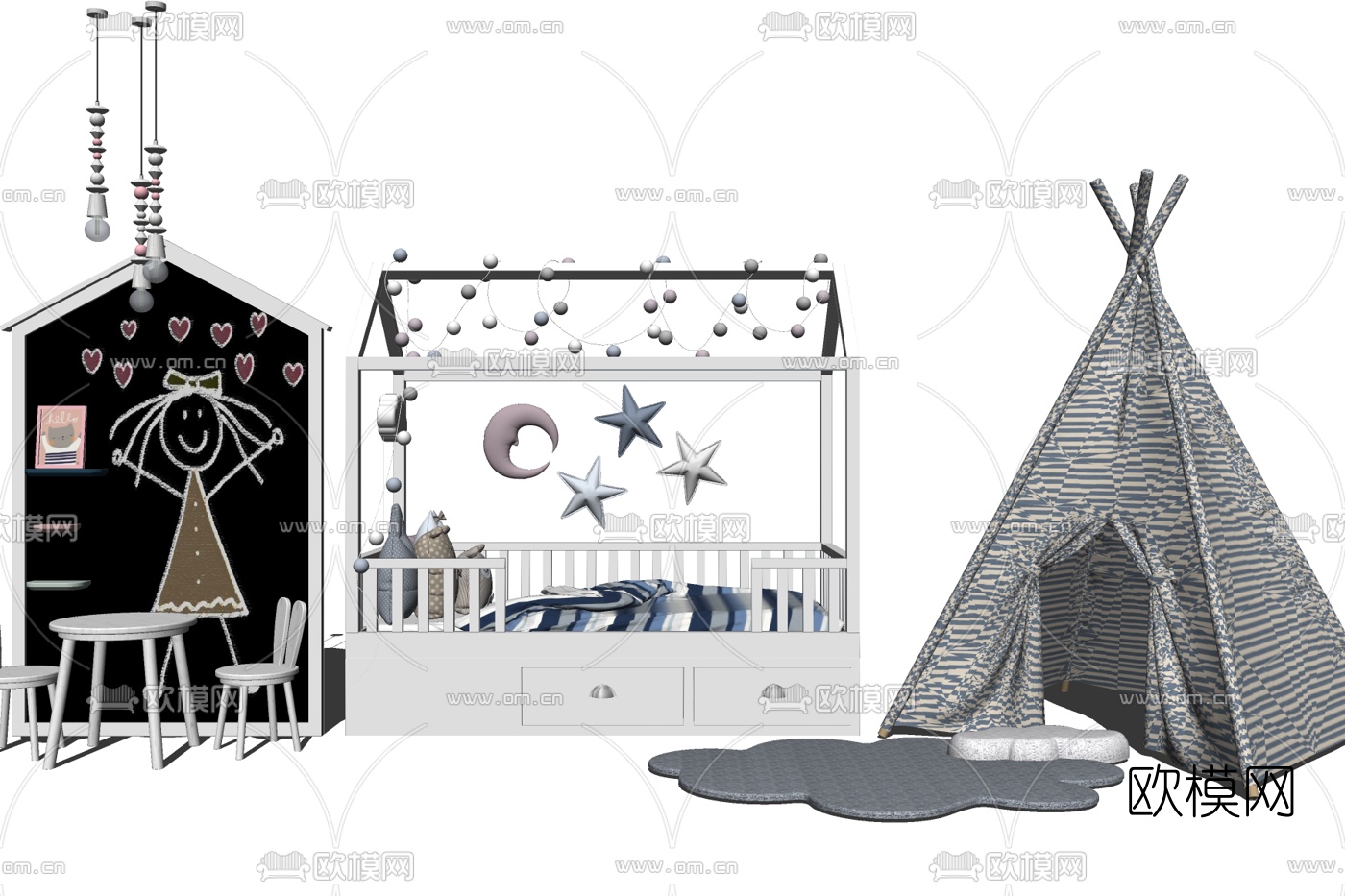 北欧儿童床su模型下载