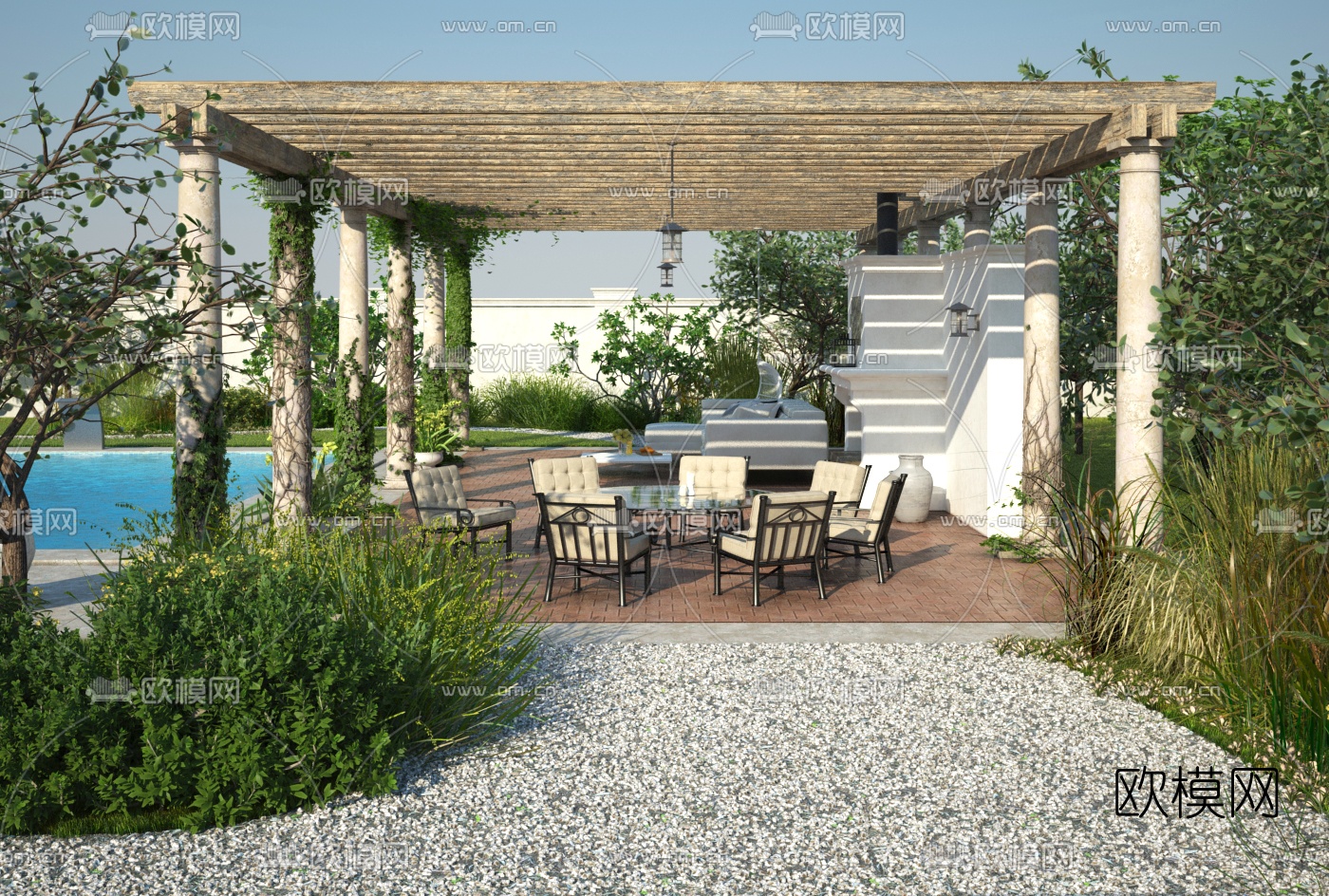 北欧庭院廊架泳池景观3d模型下载（渲染图3）