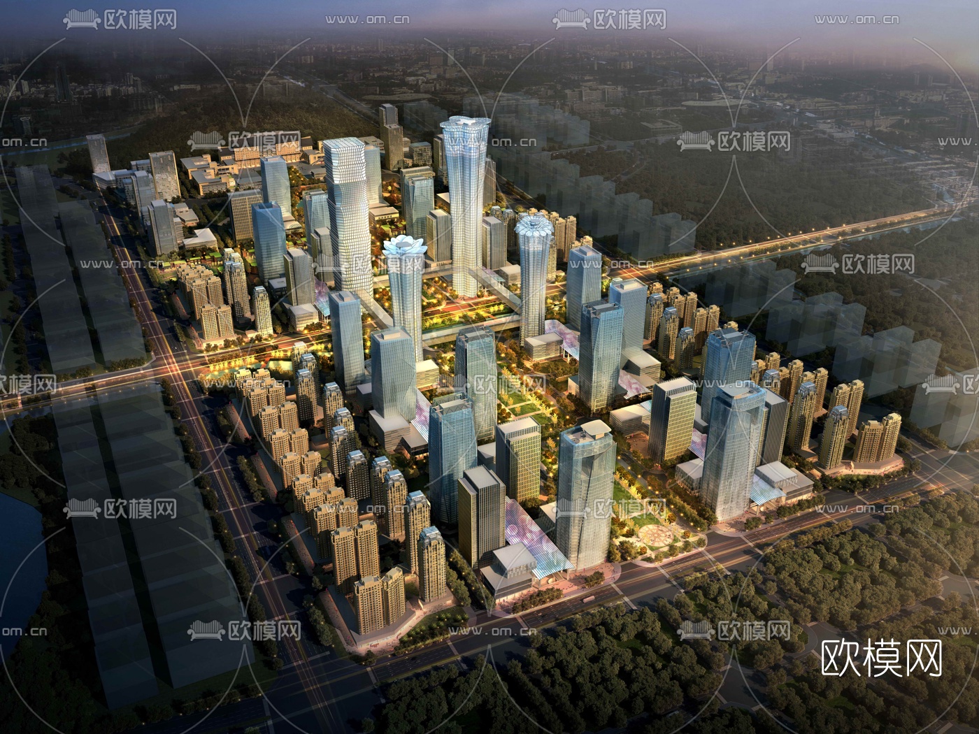 现代城市鸟瞰夜景3d模型