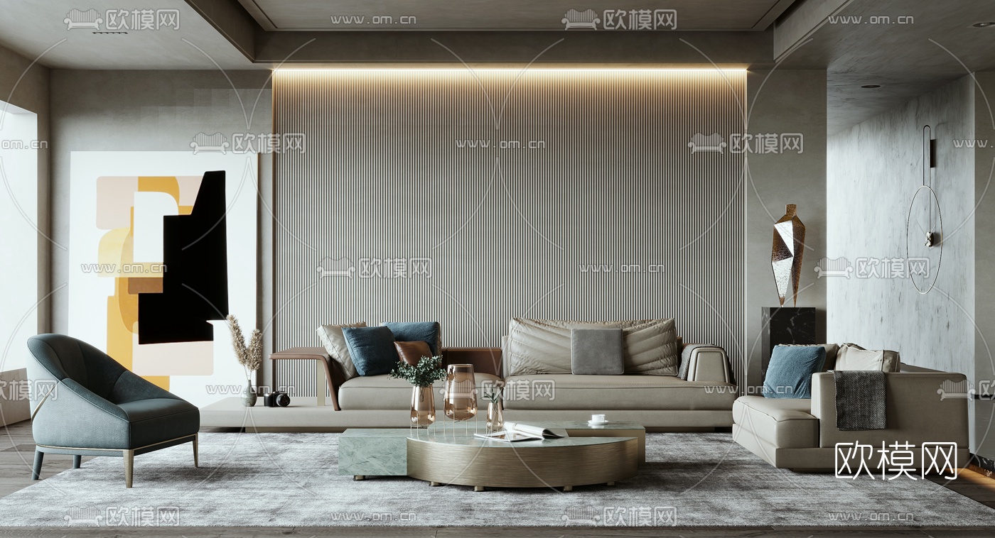 现代皮革沙发组合3d模型-免费3dmax模型库-欧模网
