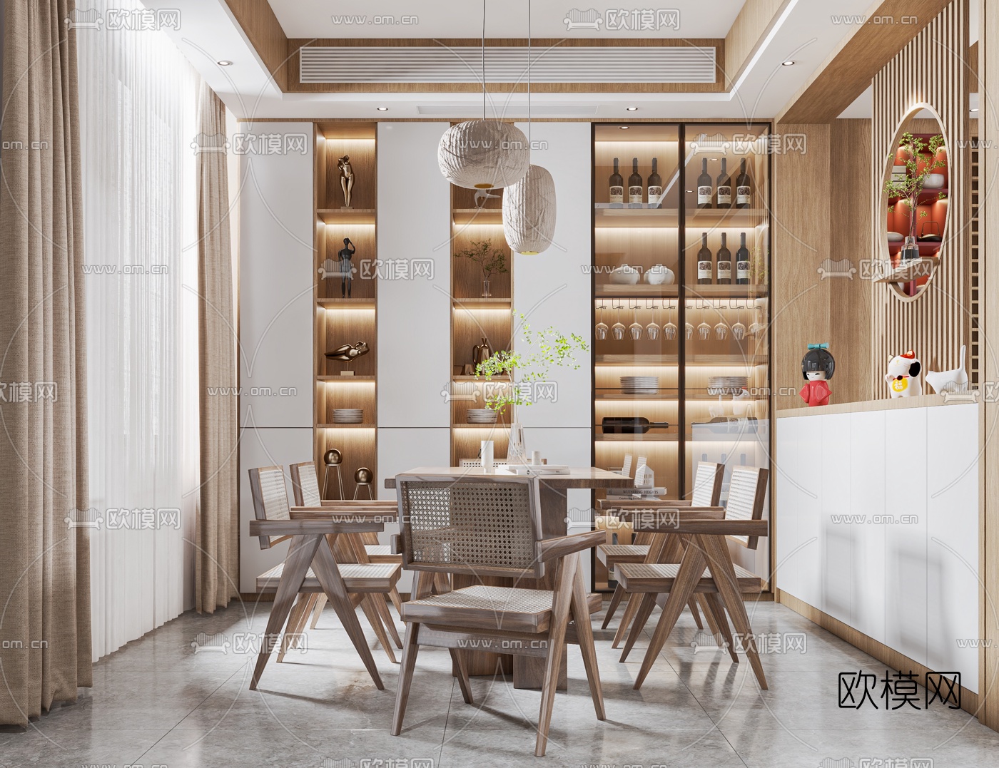 日式客厅餐厅3d模型下载（渲染图3）