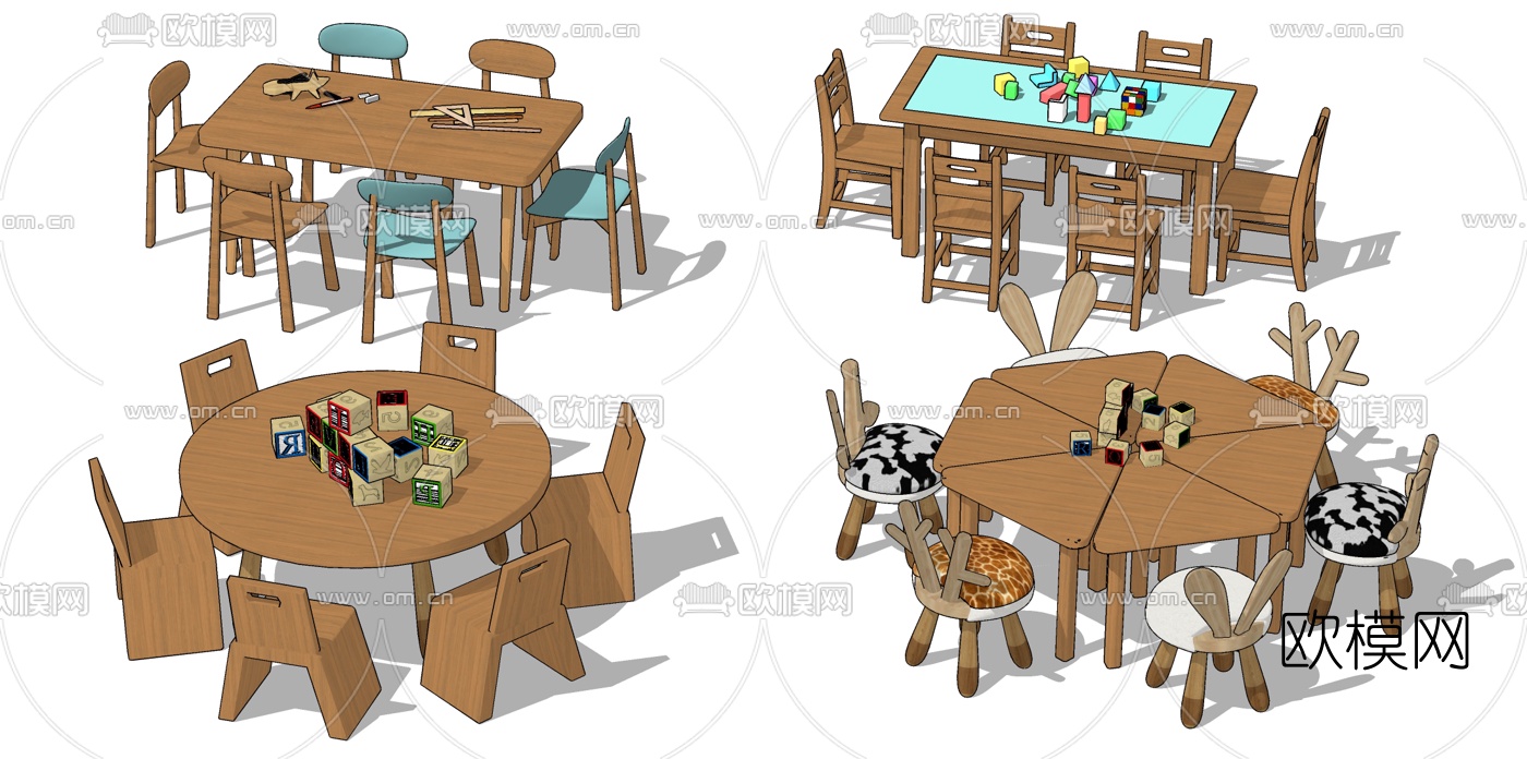 北欧幼儿园儿童课桌椅su模型下载