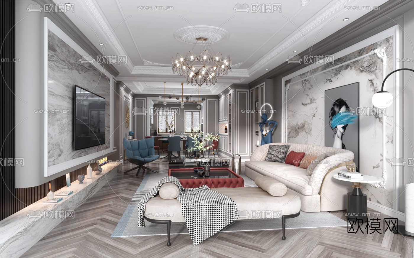 简欧客厅餐厅3d模型下载（渲染图2）
