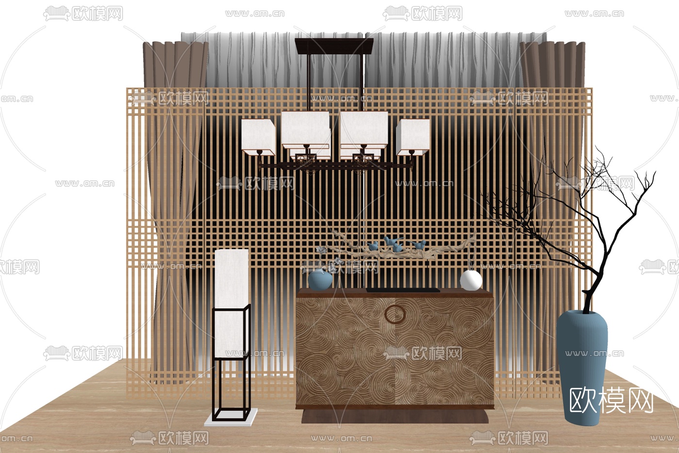新中式实木玄关柜su模型下载