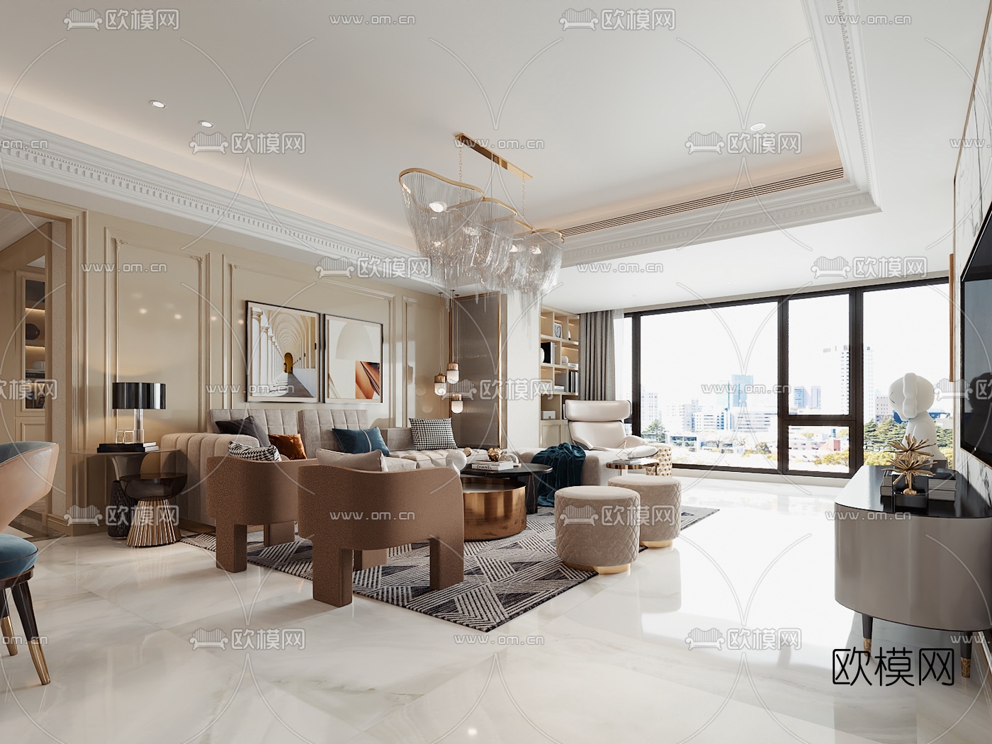 简欧轻奢客厅餐厅3d模型