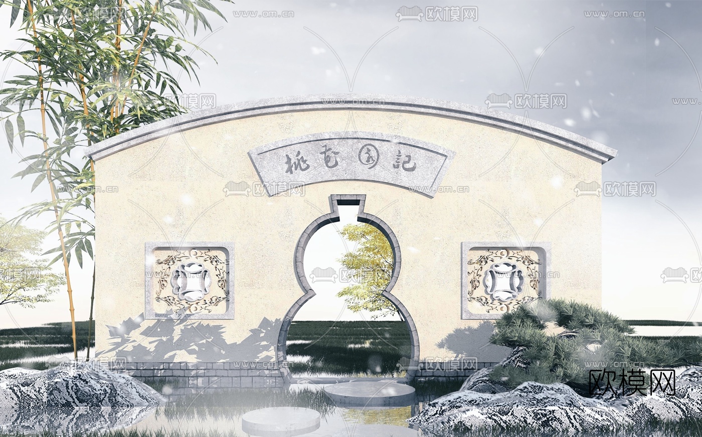 中式园林月洞门景观墙3d模型