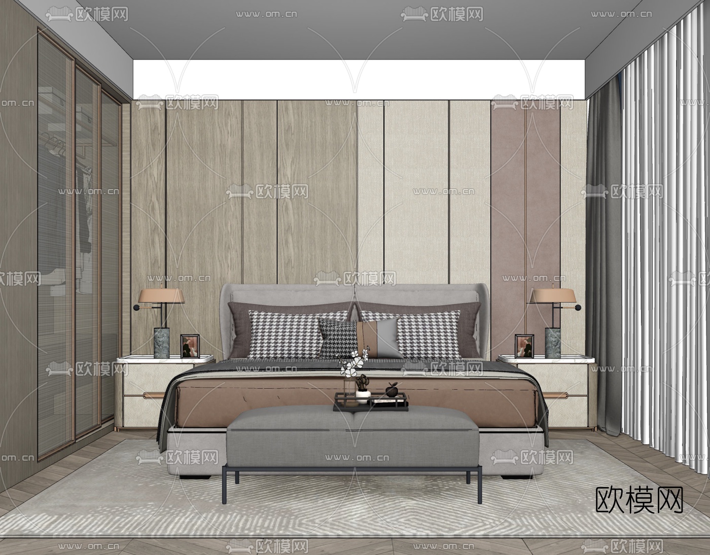 现代布艺双人床su模型下载（渲染图2）