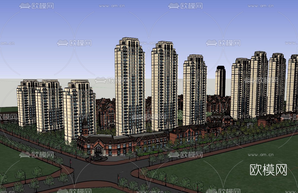 欧式高层住宅鸟瞰规划su模型下载（渲染图2）
