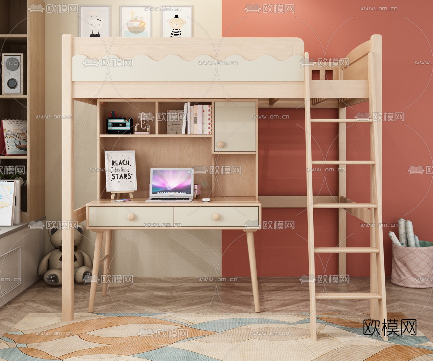 北欧原木儿童床书桌3d模型下载（渲染图1）