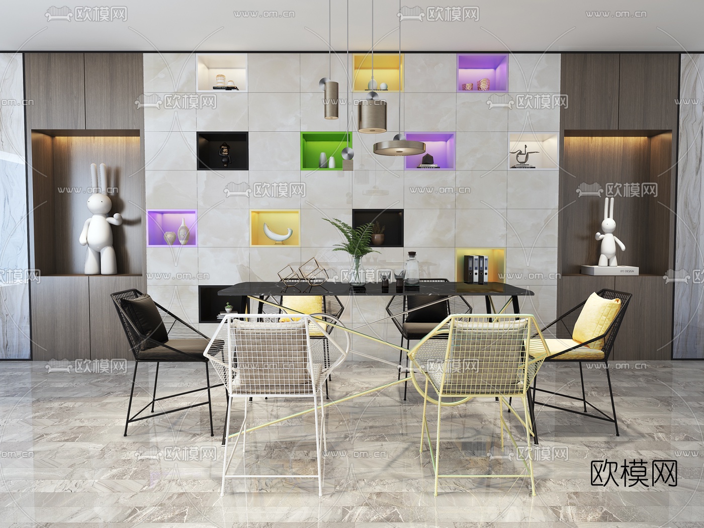 现代大理石方形餐桌椅3d模型下载
