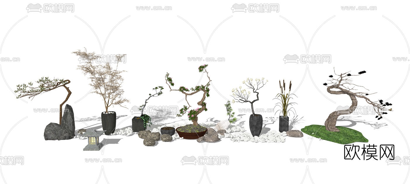 新中式松树梅花盆栽su模型