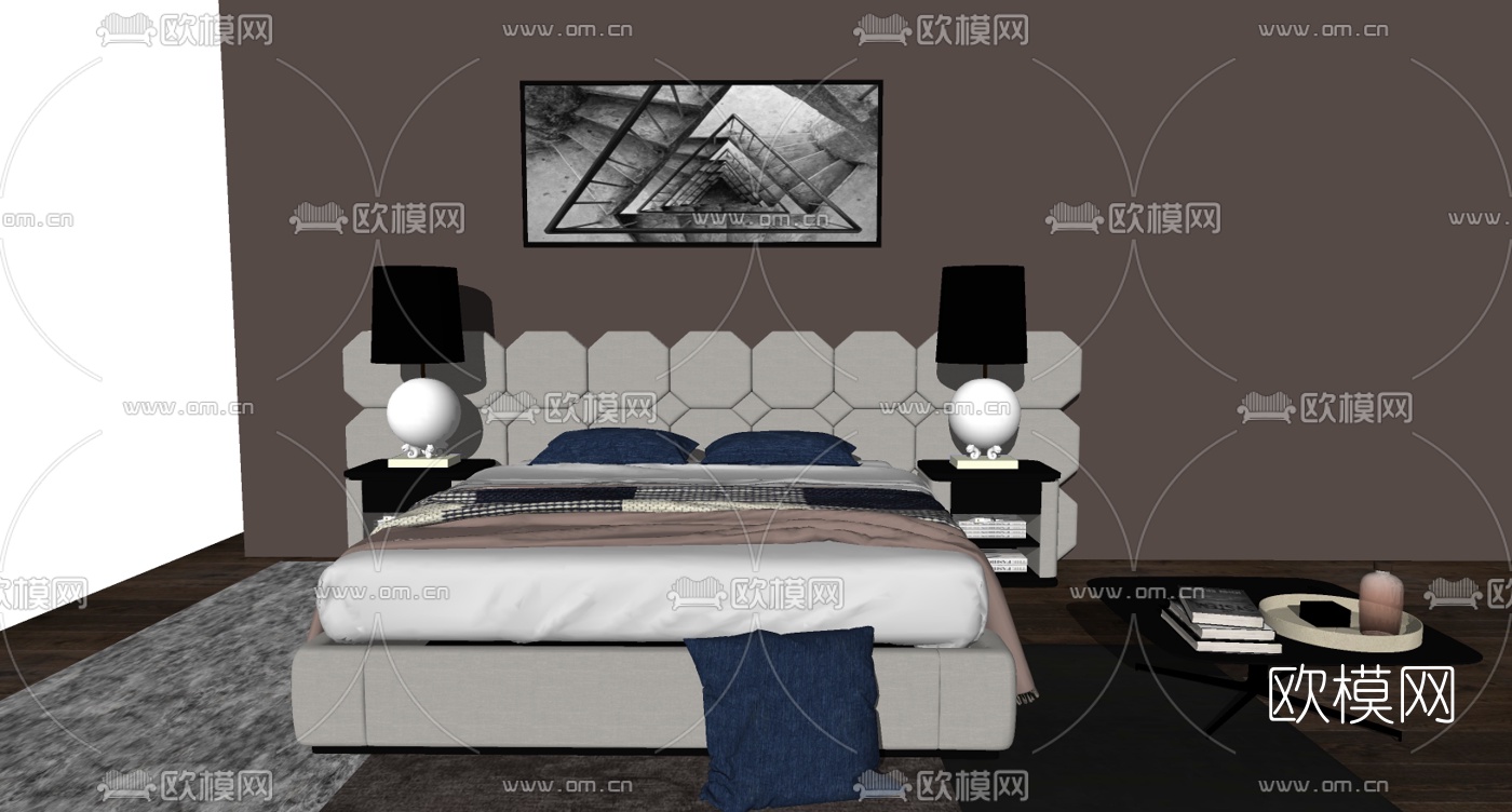 现代布艺双人床su模型下载