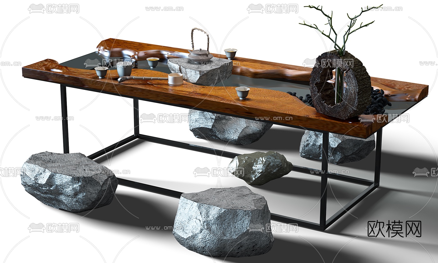 新中式石头茶桌椅3d模型下载
