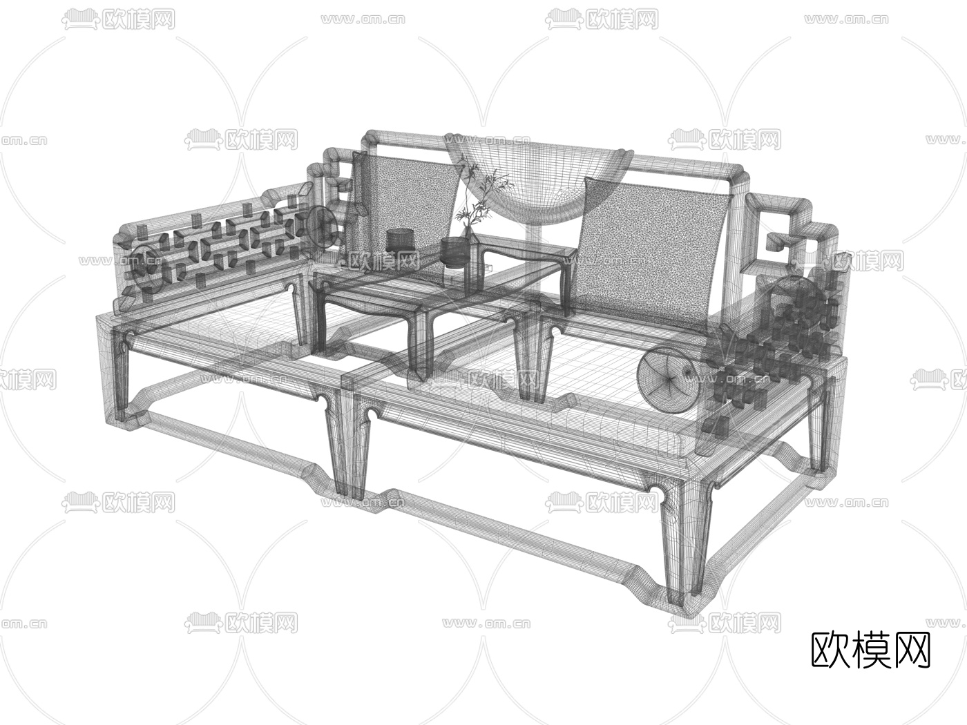 中式实木罗汉床3d模型下载（渲染图3）
