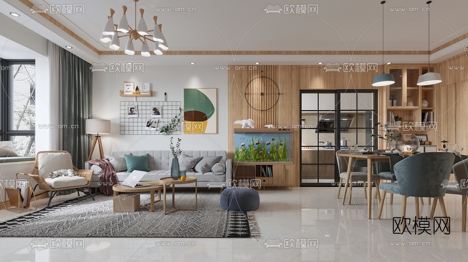 北欧客厅餐厅3d模型下载(渲染图1)