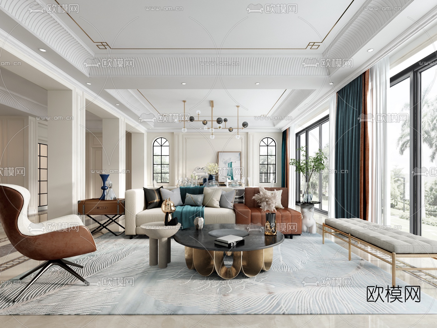 简欧混搭客厅餐厅3d模型下载（渲染图1）