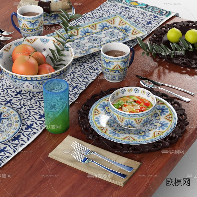 地中海餐桌餐具食物3d模型