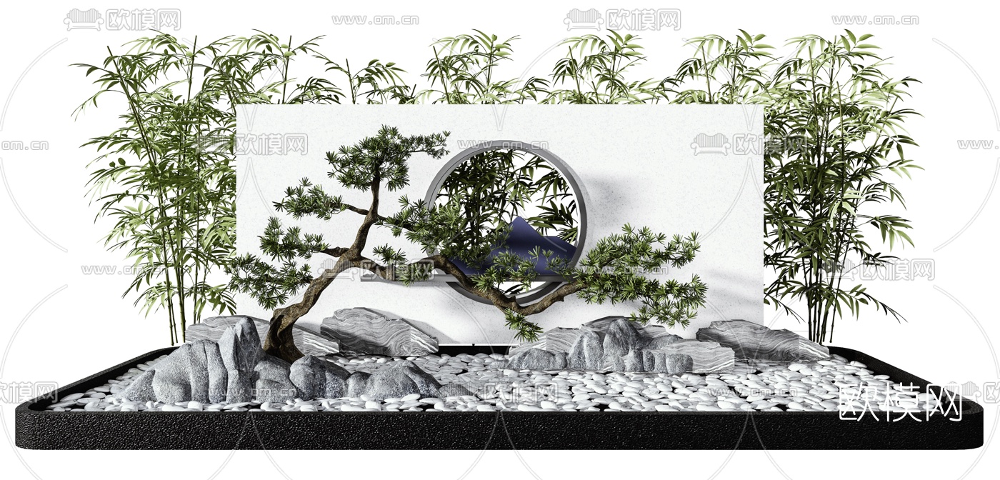 新中式竹子松树假山园艺小品3d模型