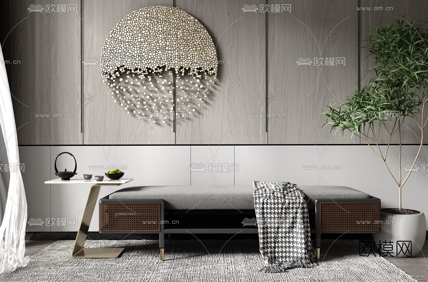 现代床尾凳脚踏su模型下载（渲染图1）