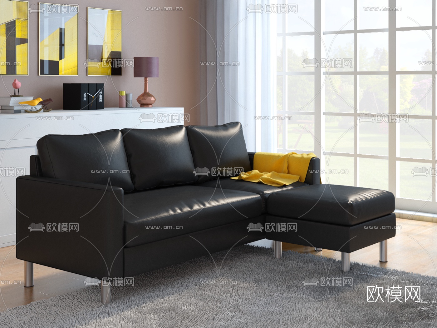 现代皮革转角沙发免费3d模型下载（渲染图2）