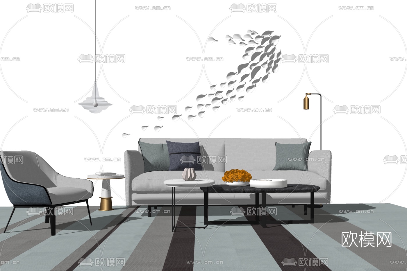 现代布艺组合沙发免费su模型下载