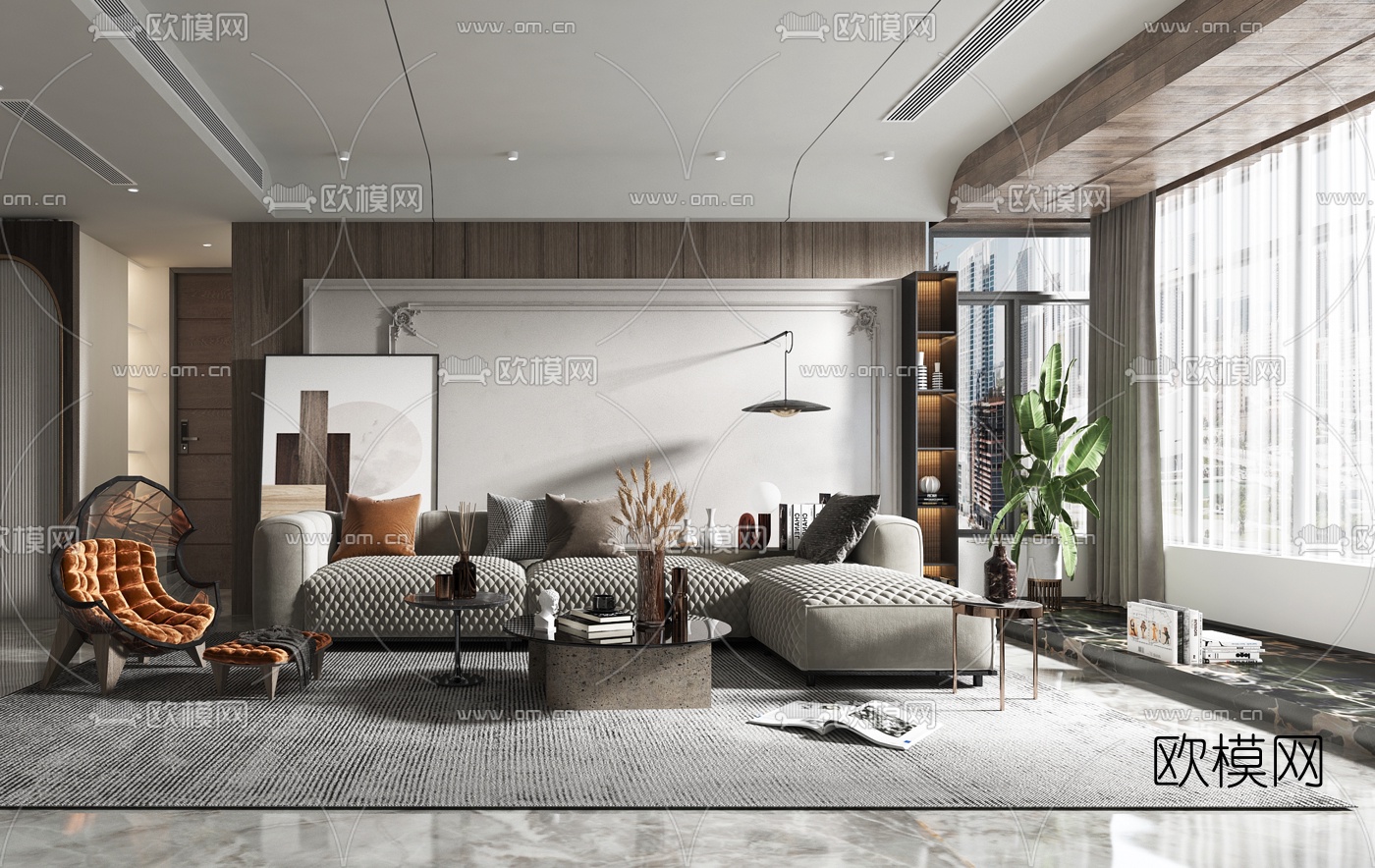 现代轻奢复式客厅3d模型下载（渲染图3）