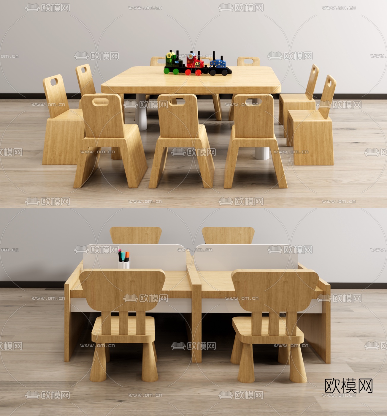 现代实木儿童桌椅su模型下载（渲染图1）