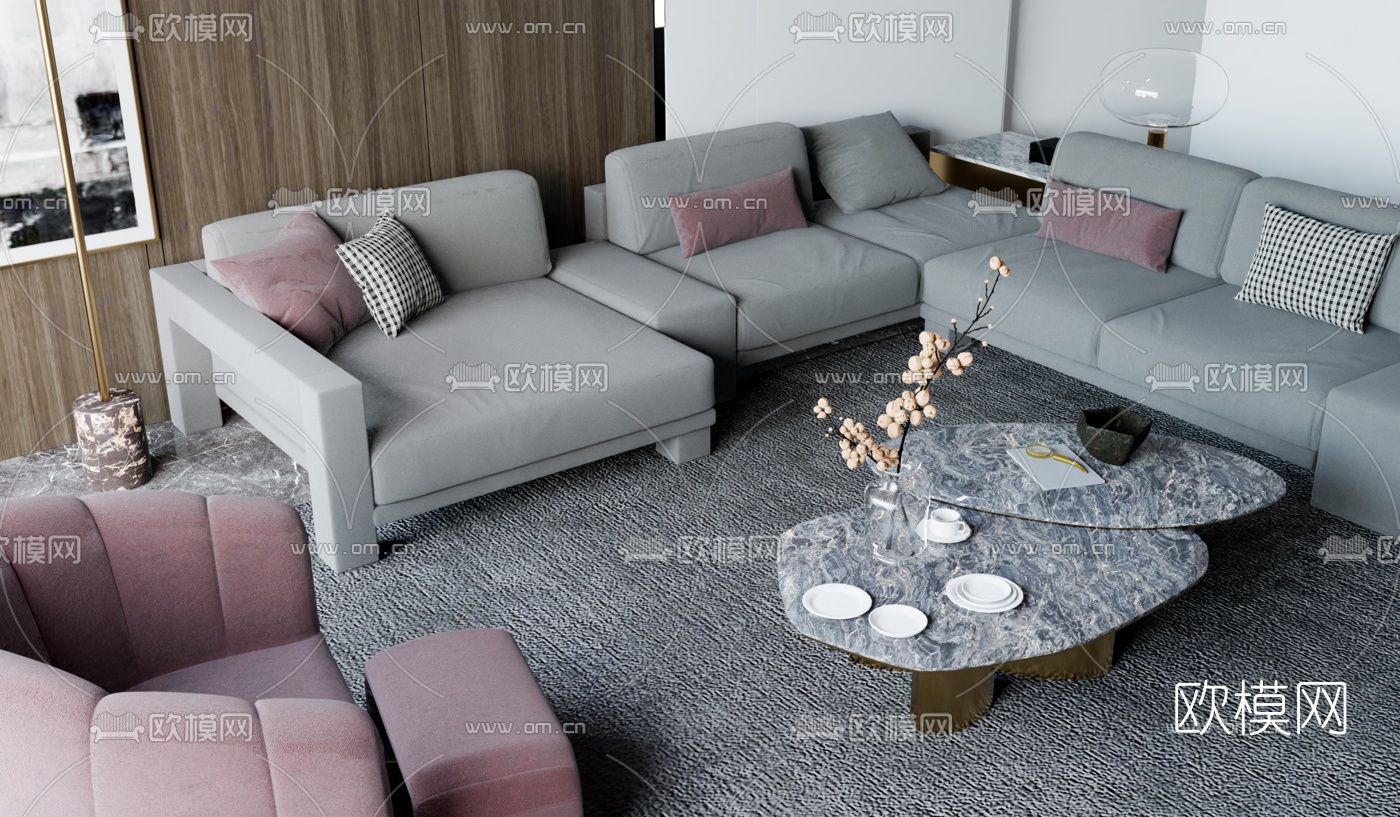 现代皮革沙发组合su模型下载（渲染图2）