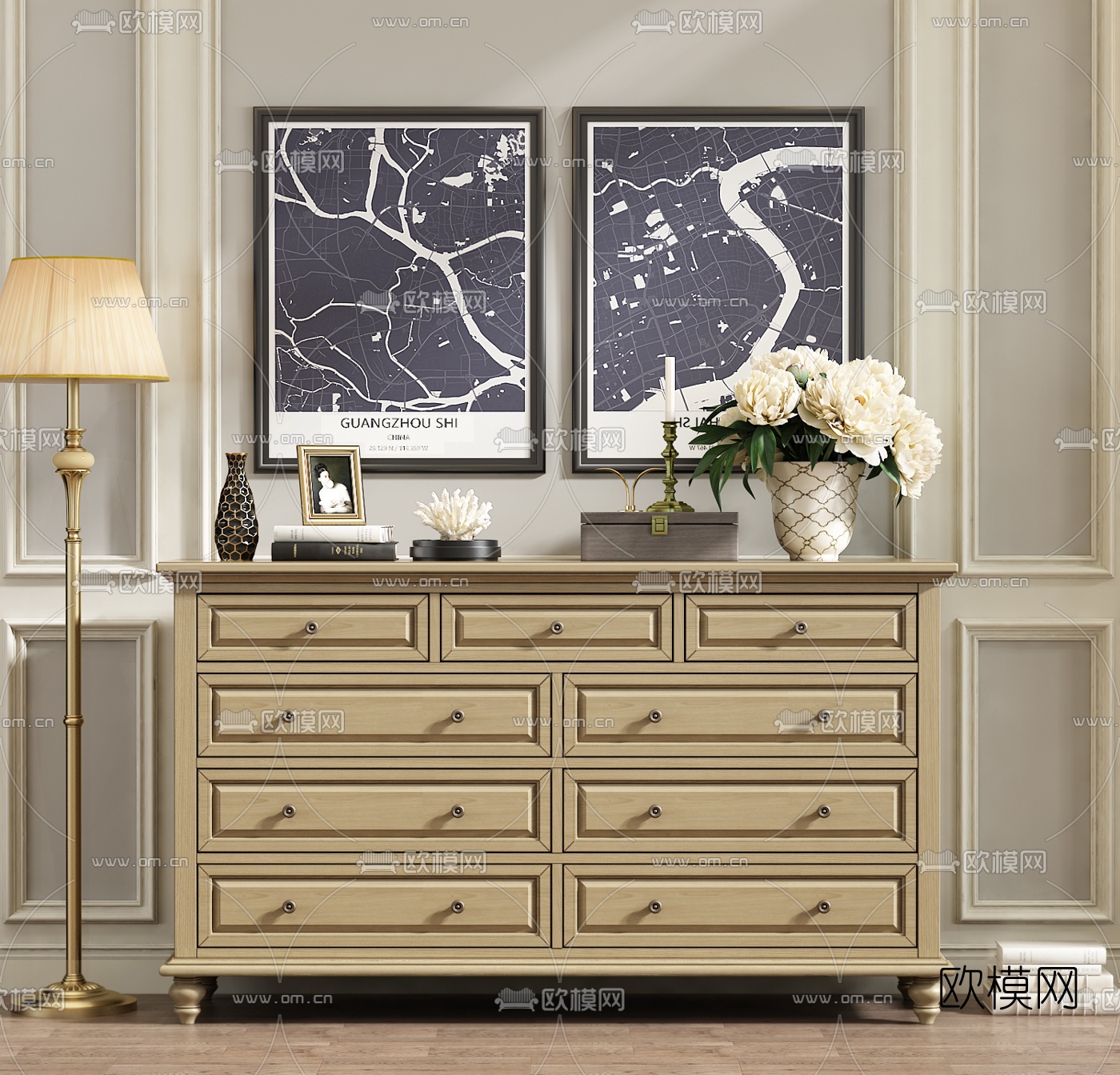 美式实木斗柜边柜3d模型下载