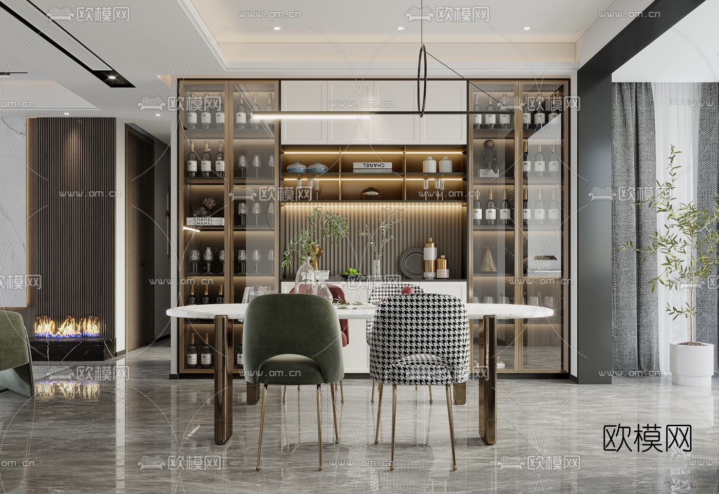 现代轻奢客厅餐厅3d模型下载（渲染图2）