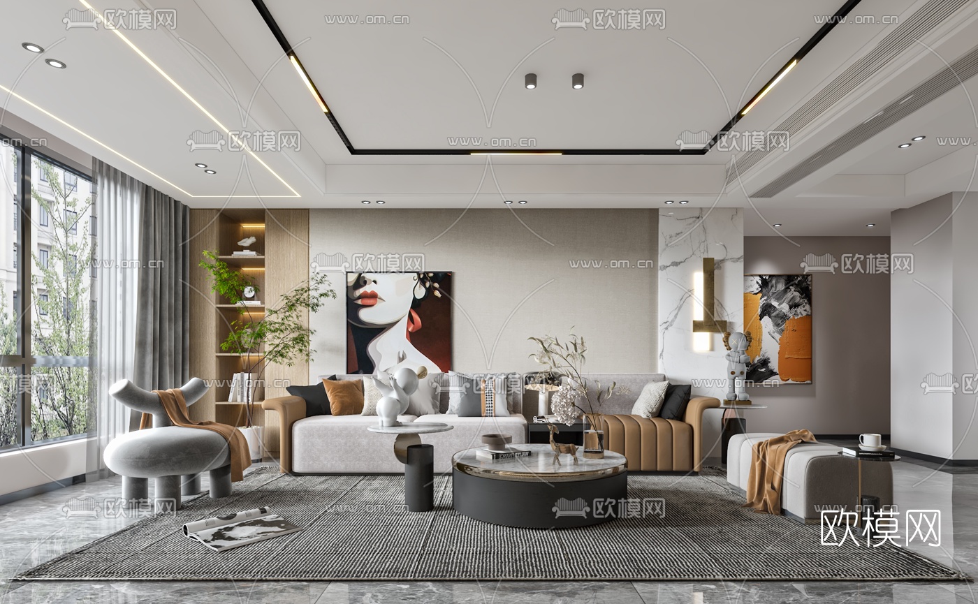 现代轻奢客厅餐厅3d模型下载（渲染图1）