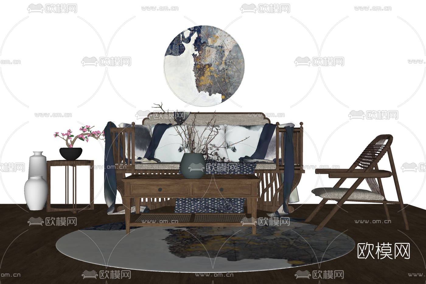 新中式实木组合沙发su模型下载