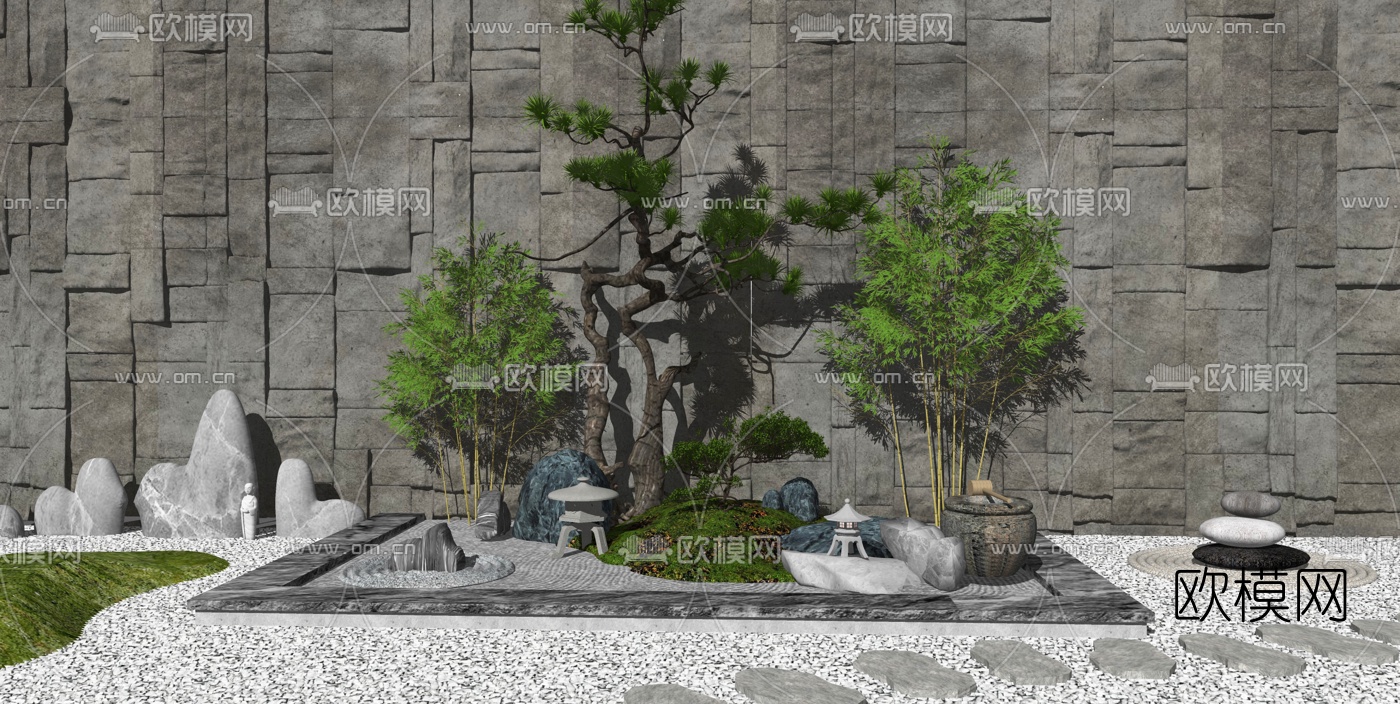 日式枯山水庭院景观小品su模型下载（渲染图2）