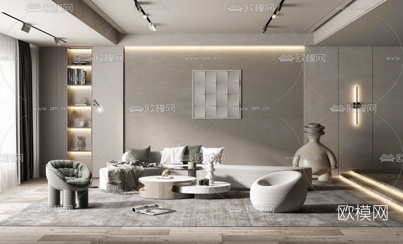 现代绒布弧形沙发组合3d模型下载