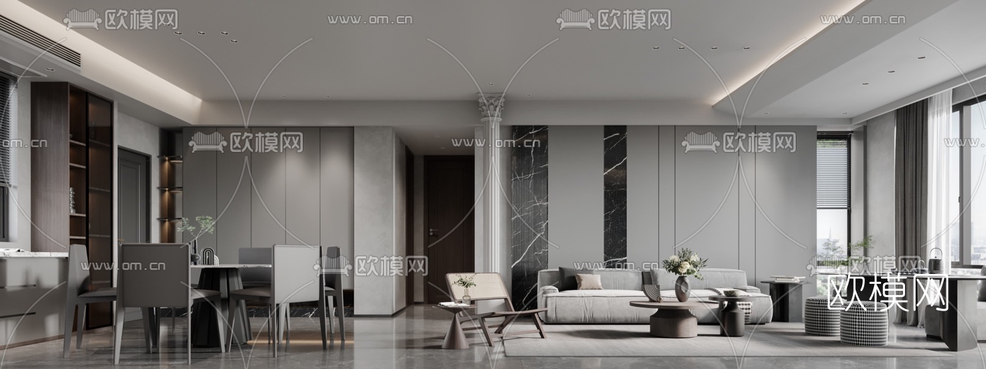 现代高级灰客厅餐厅3d模型下载（渲染图4）