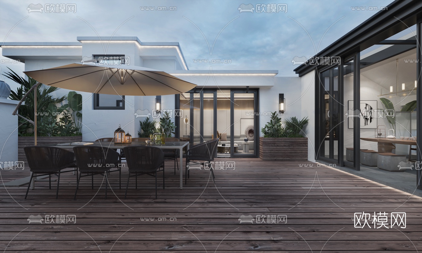 现代楼顶露台休闲区夜景3d模型下载（渲染图3）