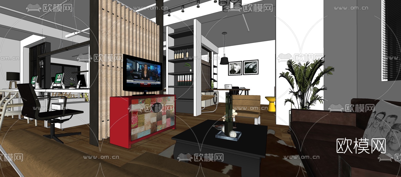 现代办公室办公区su模型