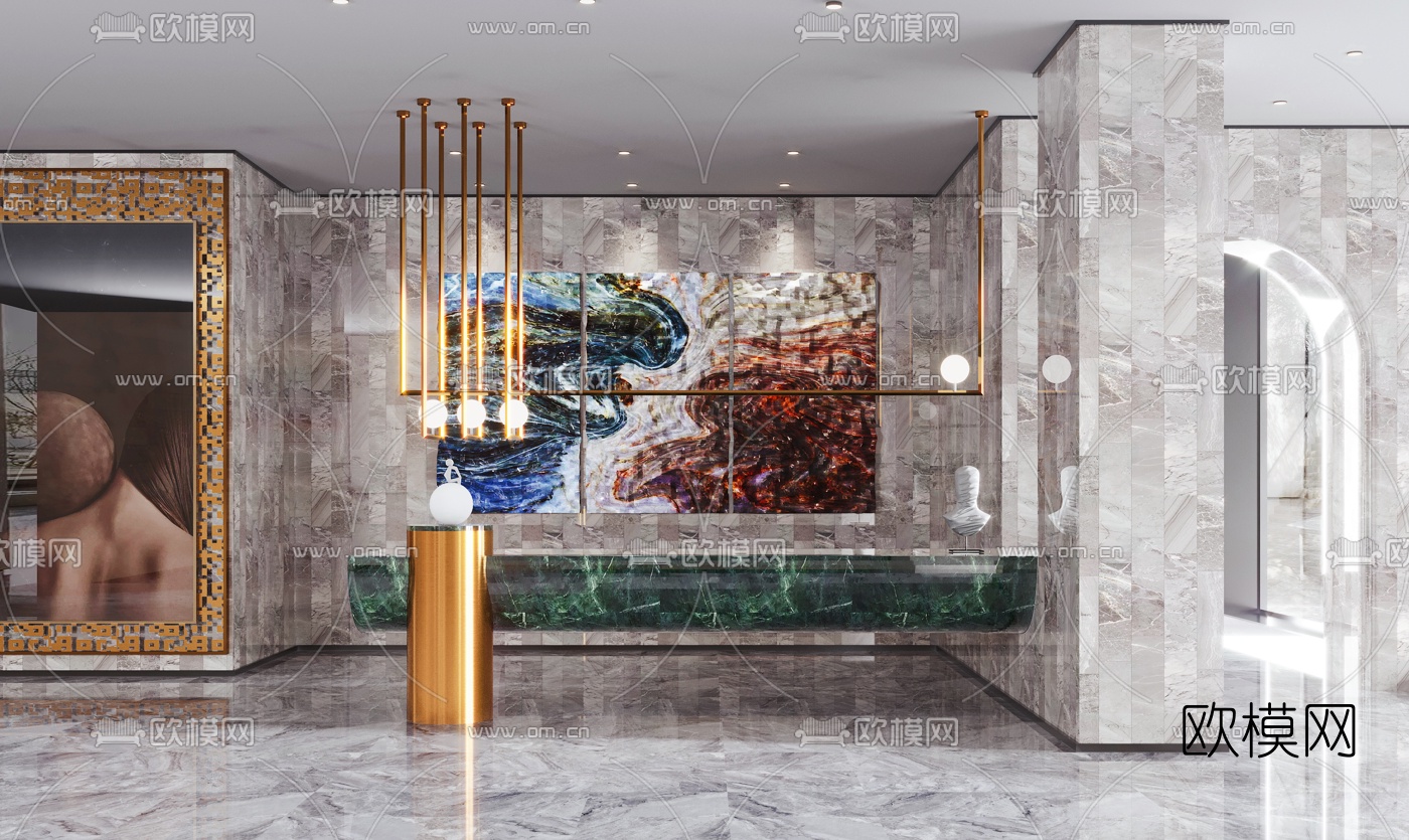 现代轻奢前台大堂3d模型下载（渲染图1）