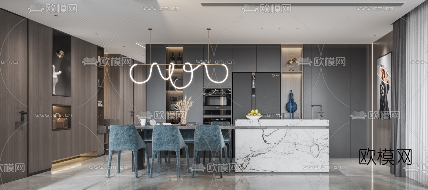 现代轻奢中岛餐厅3d模型