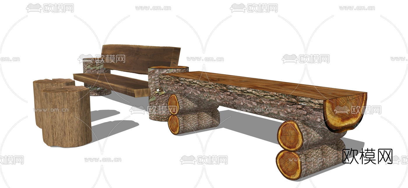 自然风原木户外公共椅su模型