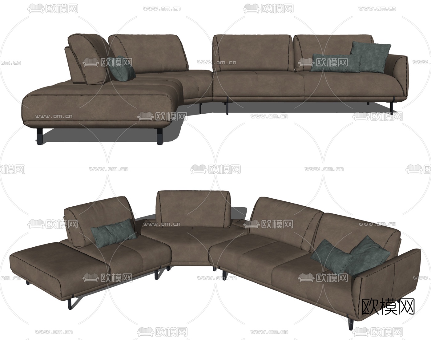 现代皮革转角多人沙发su模型