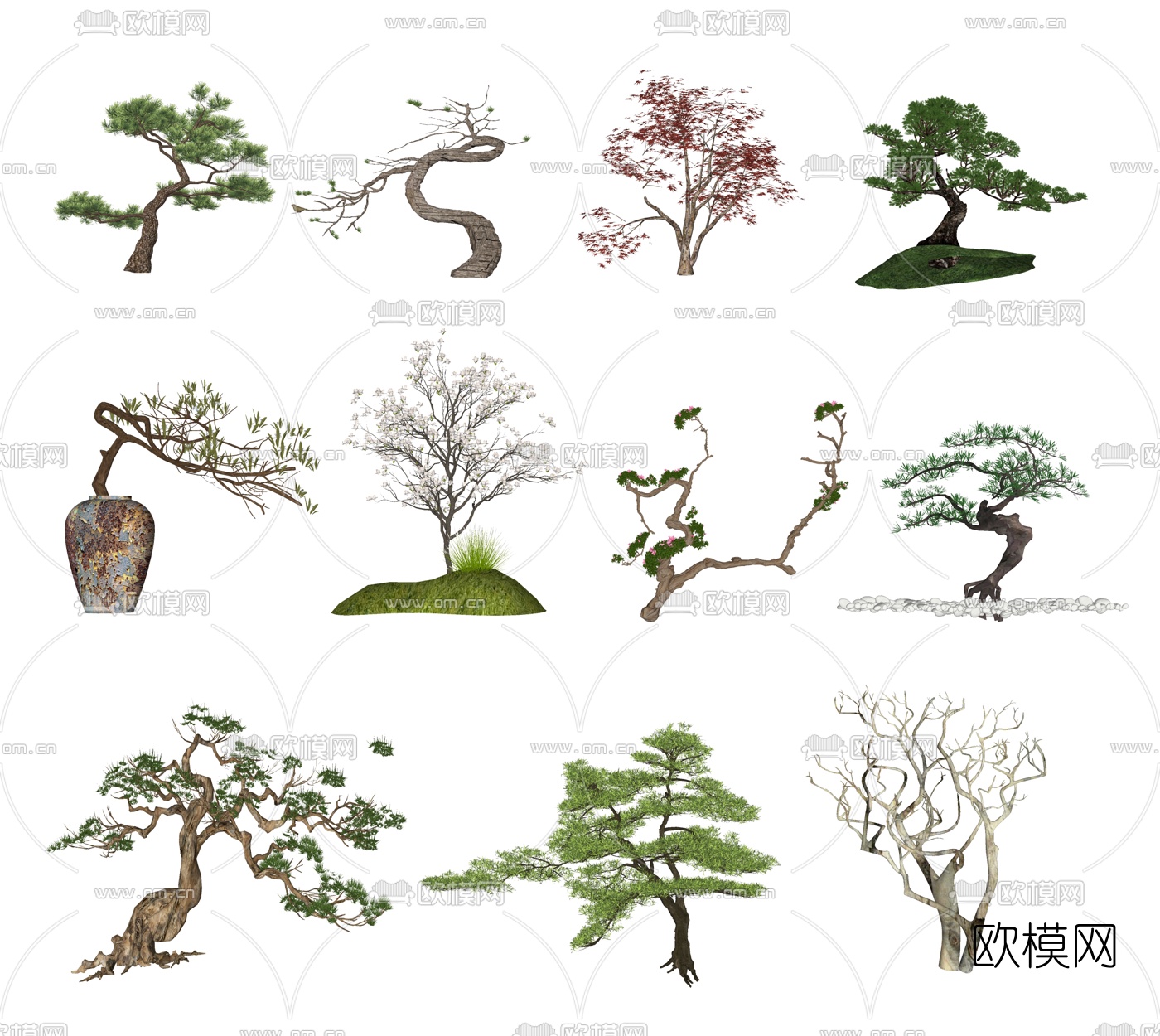 新中式松树景观树su模型下载