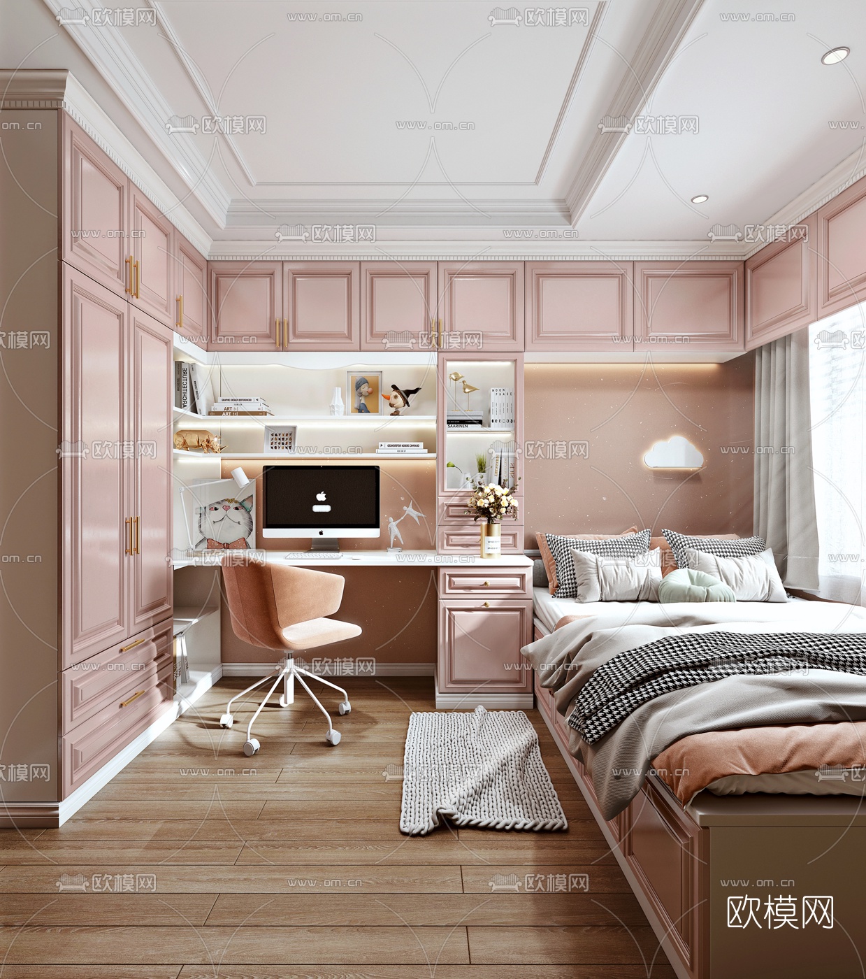 简欧榻榻米卧室3d模型下载（渲染图2）