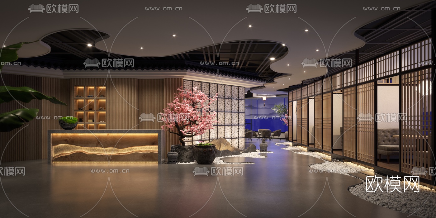 新中式茶楼大厅前台3d模型