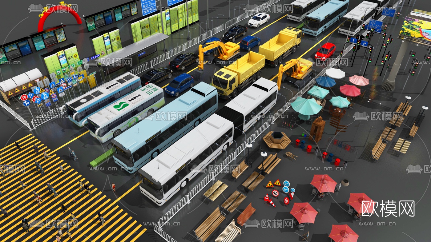 现代公交车路标路灯公共椅3d模型