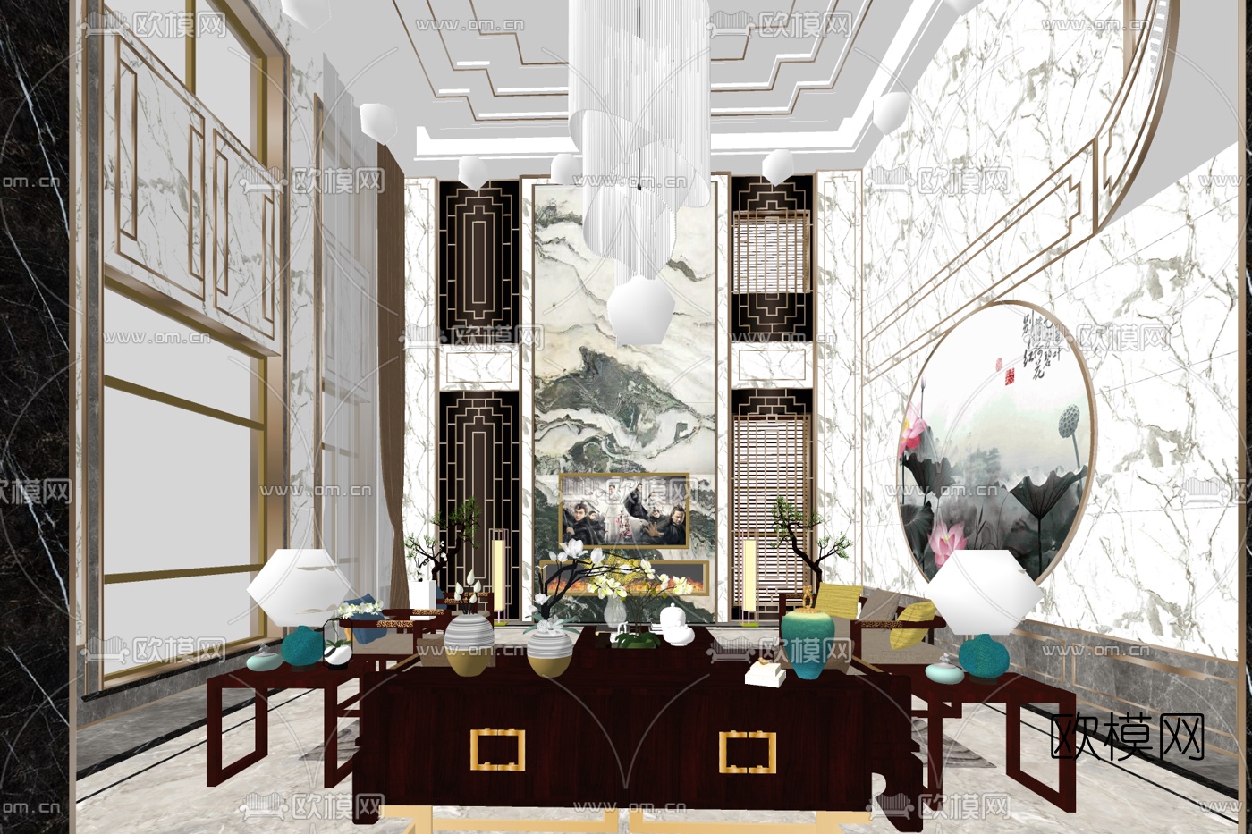 新中式别墅大堂su模型下载下载