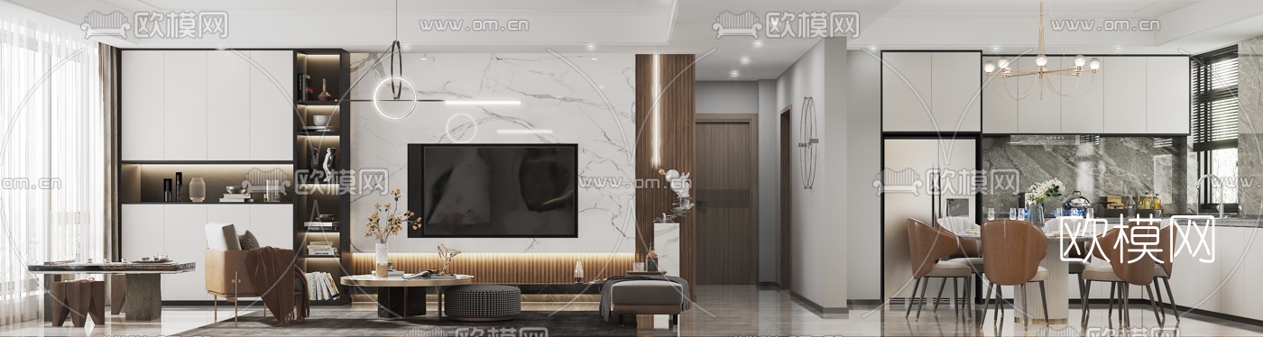 现代客厅餐厅3d模型
