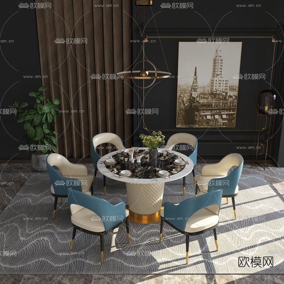 现代轻奢圆形餐桌椅3d模型下载(渲染图3)